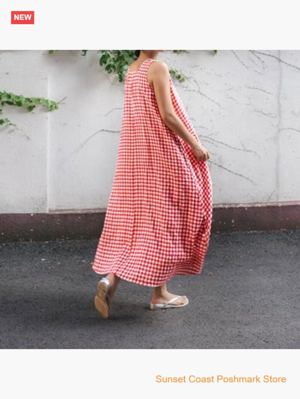 Women's Casual Loose-Fit Cotton Plaid Tank Maxi Dress with Pockets Boho Beach - Picture 4 of 8